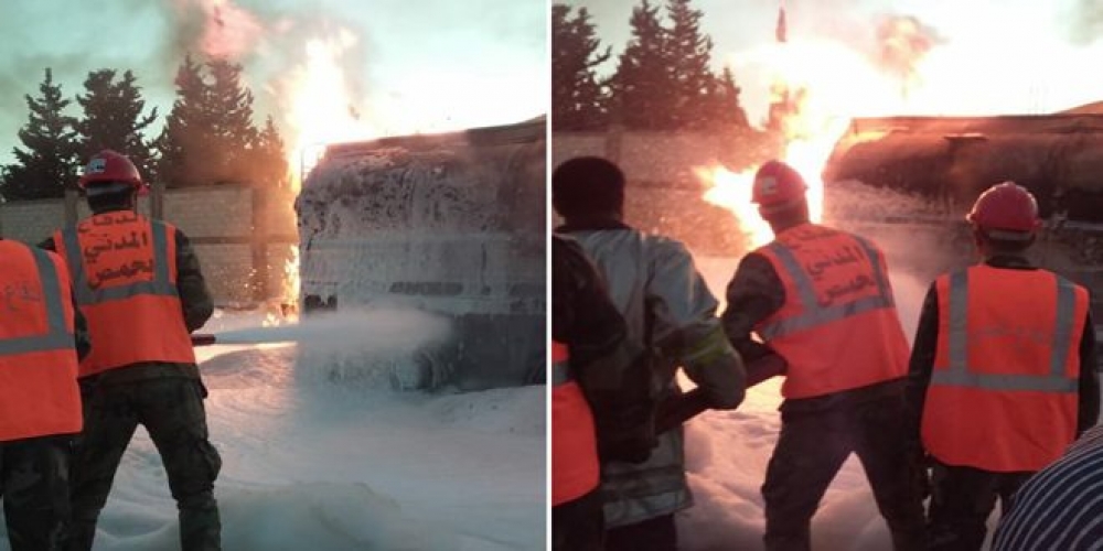 إخماد حريق نشب في صهريج محروقات بمحطة وقود في حمص