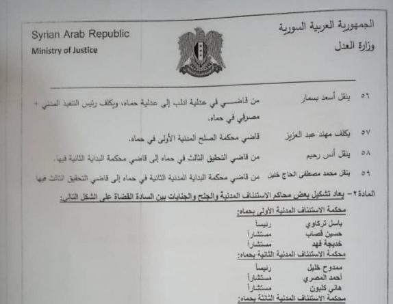 وزارة العدل تصدر قراراً بنقل وإنهاء وتكليف 59 قاضياً في حماة ومخاوف من تسييس المؤسسة القضائية