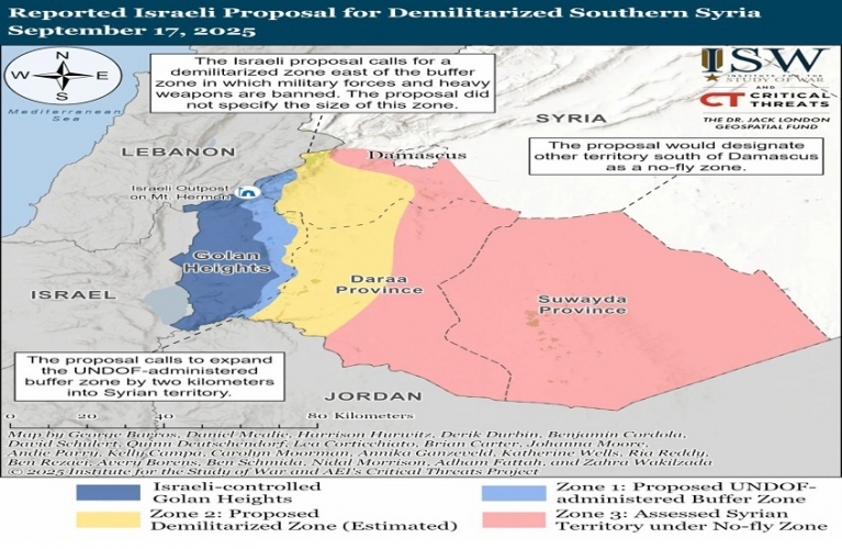 الخريطة المحتملة للمنطقة الأمنية بين سوريا وإسرائيل