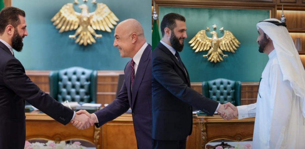الرئيس الشرع يبحث مع رجل الأعمال الإماراتي محمد الشيباني ورجل الأعمال التركي فتاح تامنجي مشاريع التطوير والإعمار